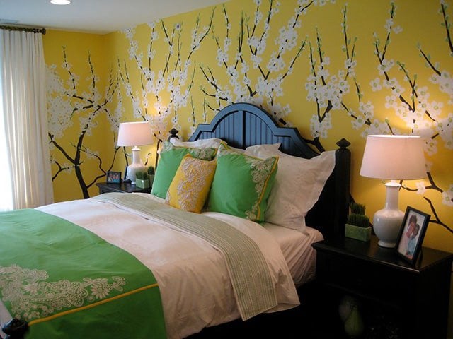 Phòng ngủ màu xanh lá và vàng - Chủ đề Châu Á