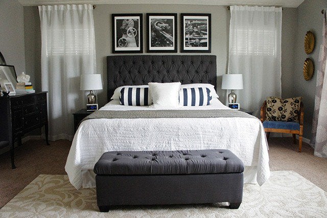 Featured image of post Dark Grey Bedroom Furniture Ideas - White furnishing, soft gray walls, dark charcoal satin curtains.