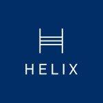 Helix Logo that's royal blue and has a small ladder looking bed with white text