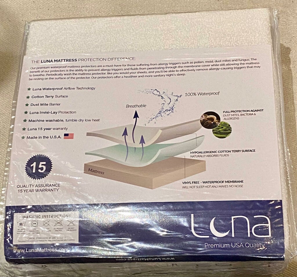 Luna mattress protector back of packaging