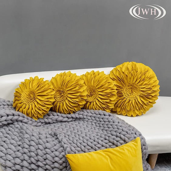 JWH Green and Yellow 3D Sunflower Pillow Covers Handmade Flower Pillowcase Farmhouse Decorative Cushion Cover Round Shaped Aesthetic Home Sofa Couch Decor Protector with Zipper Sham 14 Inch Ombre