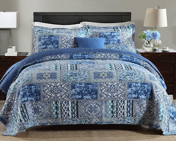 Coverlet Vintage Patchwork Bedspread Quilt Cotton No Polyester King Single Blue 