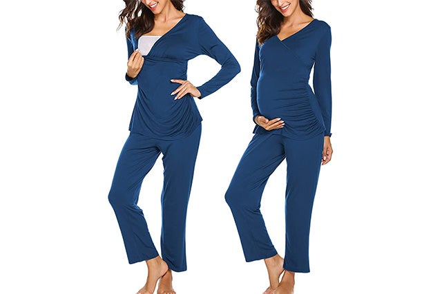 Ekouaer Women's Maternity Nursing Pajama Set Breastfeeding Sleepwear Set Double Layer Short Sleeve Top & Pants Pregnancy PJS 